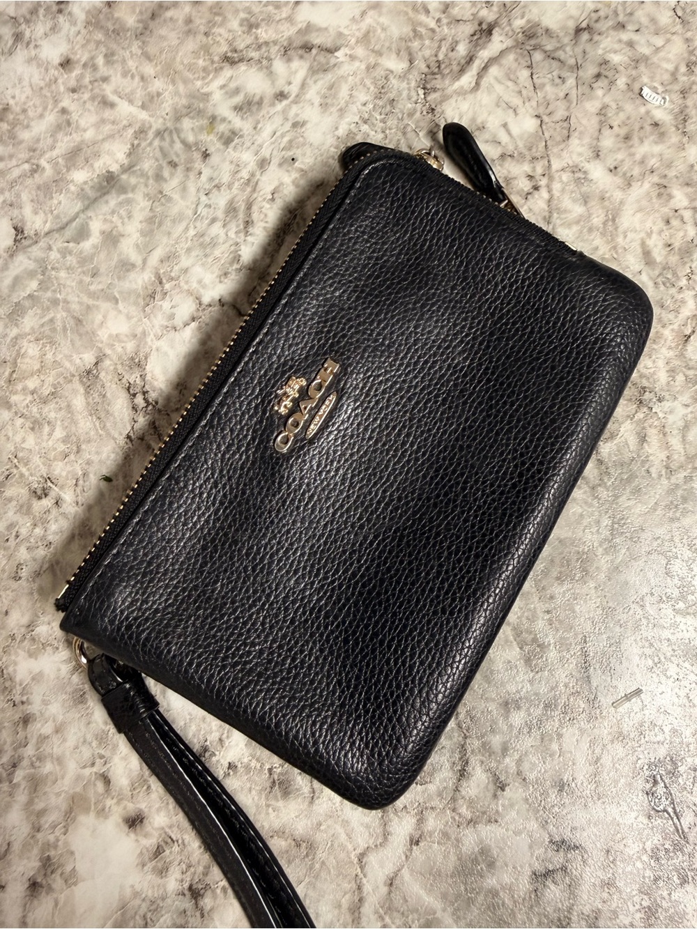 Coach Black Pebbled Leather Zip Wristlet with Gold Logo